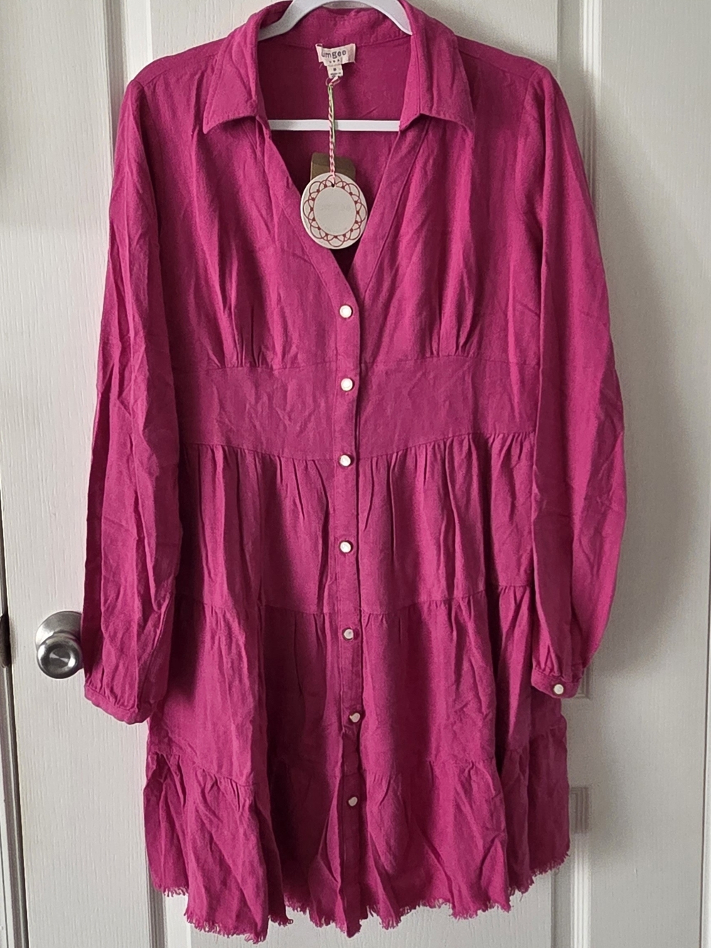 Umgee Fuchsia Long-Sleeve Tiered Button-Front Dress